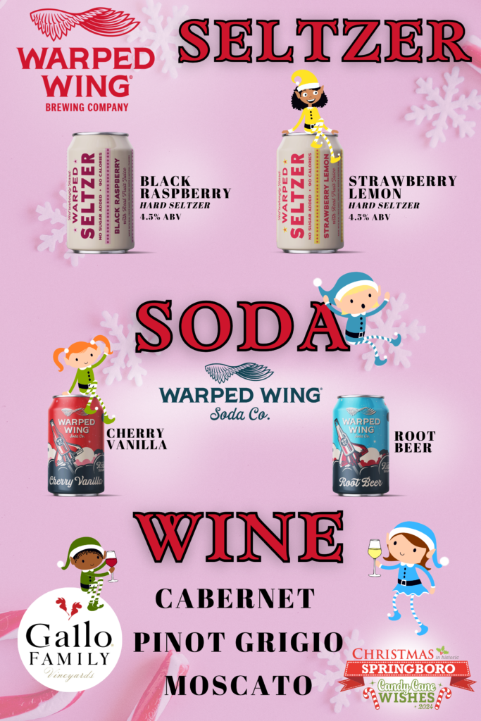 A flyer displaying the non-alcoholic and wine options available at the Christmas In Springboro Beer Tent. Images of Warped Wing seltzers and sodas are shown, along with a list of available Gallo Family wines.